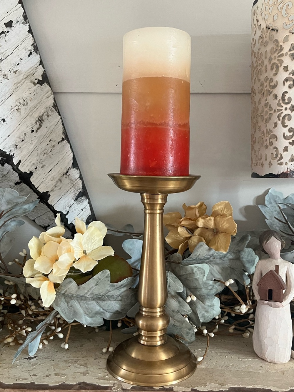 Brass Candlestick Holder with Ombre Red-Orange-Cream Candle